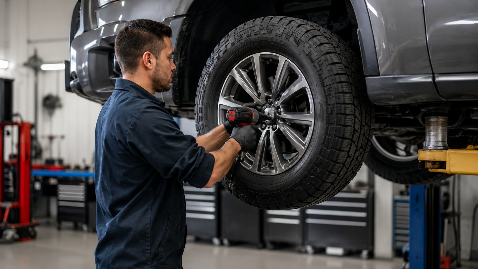Technicians reviewing replacement tire options in a service shop