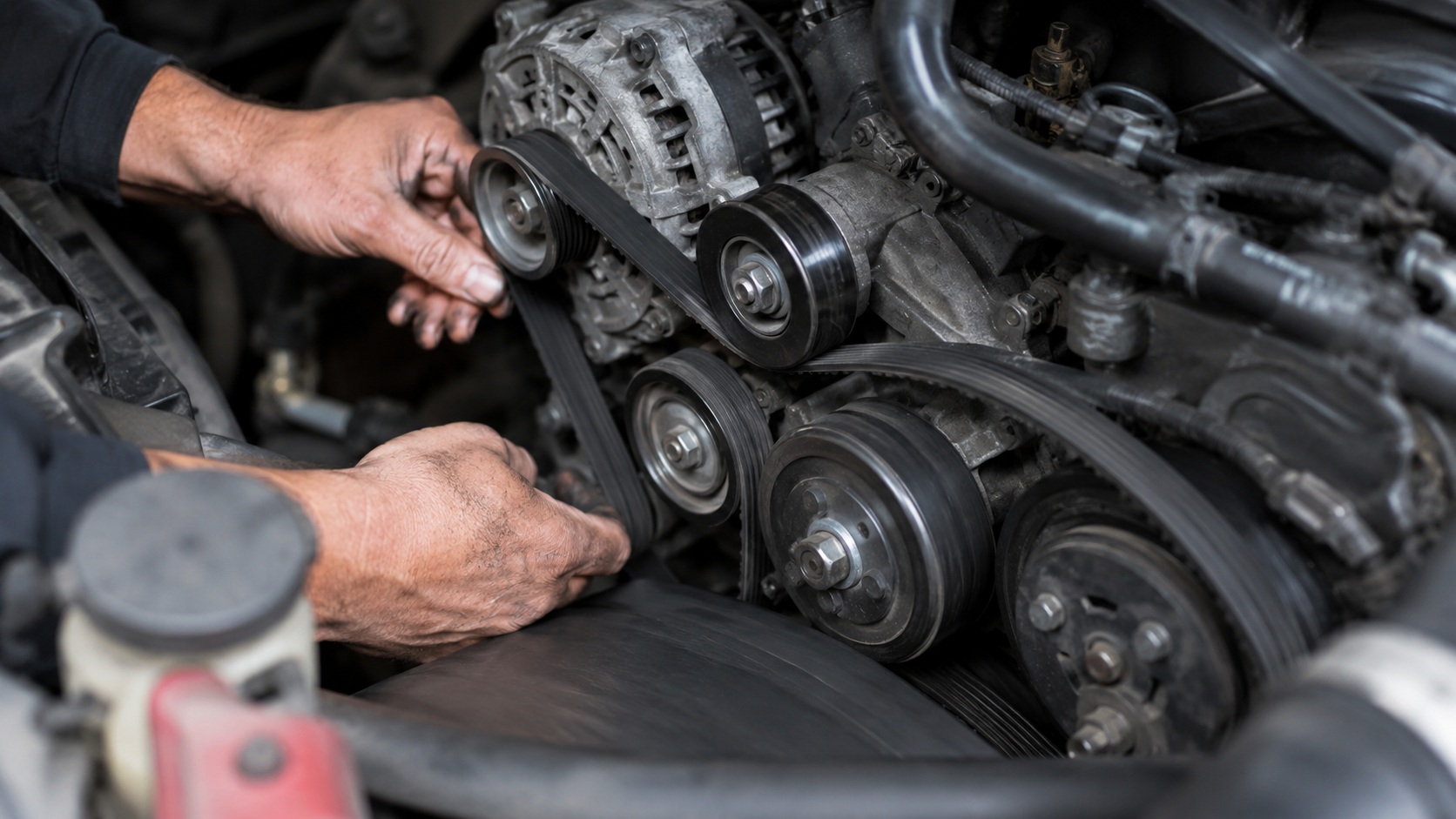 Vehicle accessory belt and engine pulleys during inspection