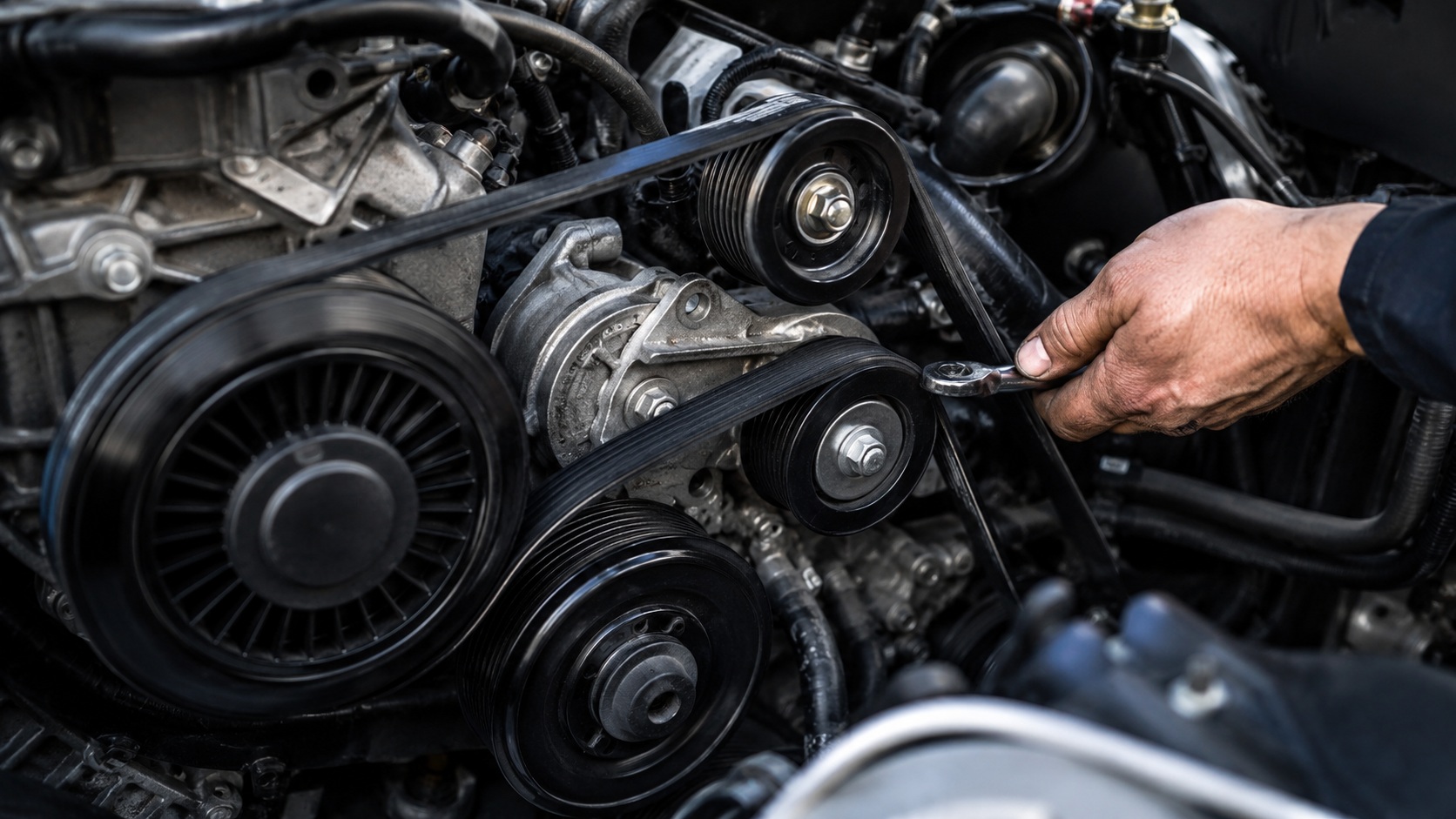 Close-up of a serpentine belt routed around engine pulleys