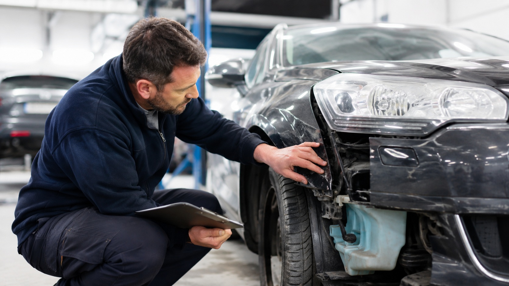 Damaged vehicle prepared for a careful collision repair inspection
