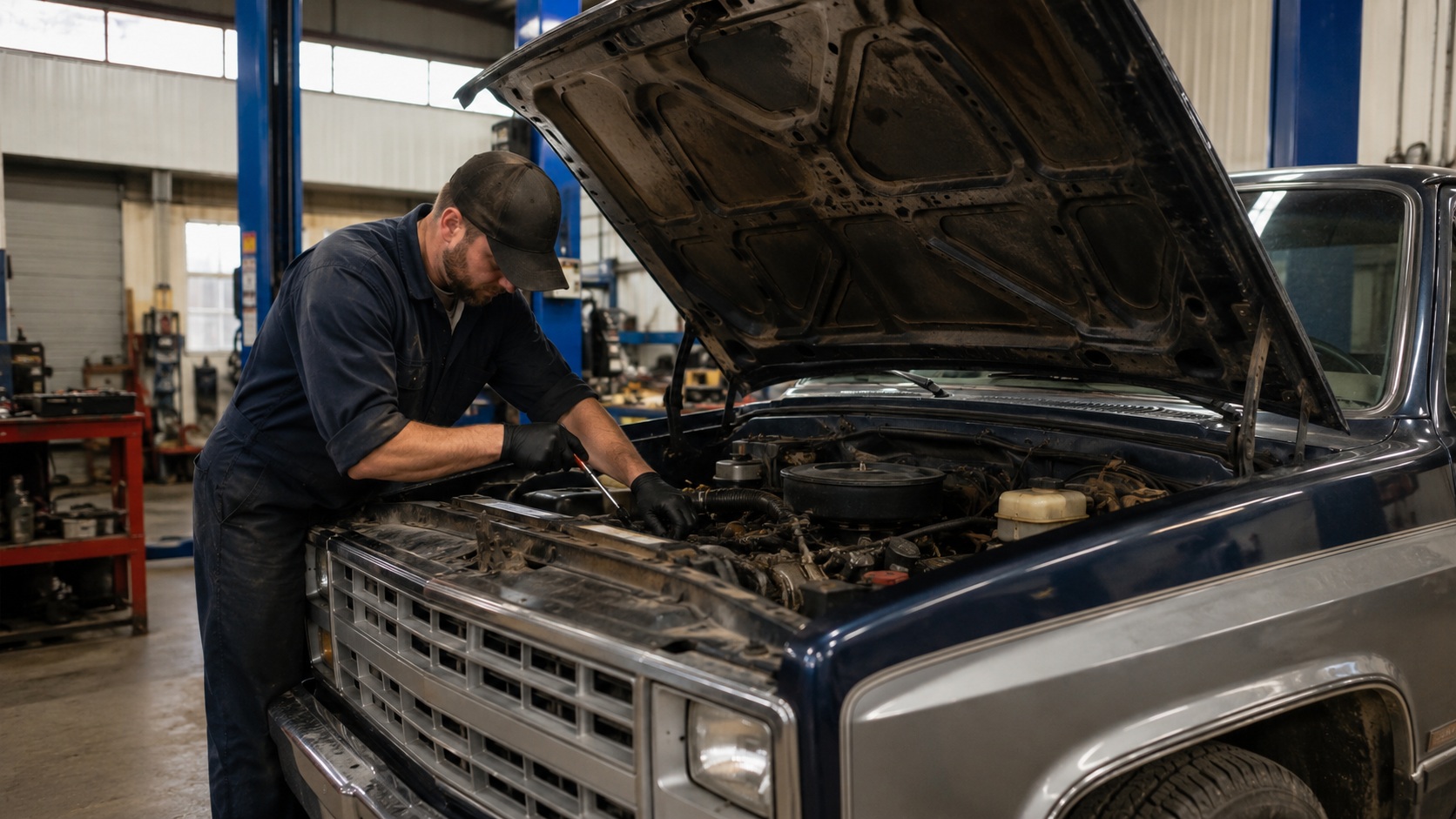 Mechanic performing preventive maintenance on an older vehicle