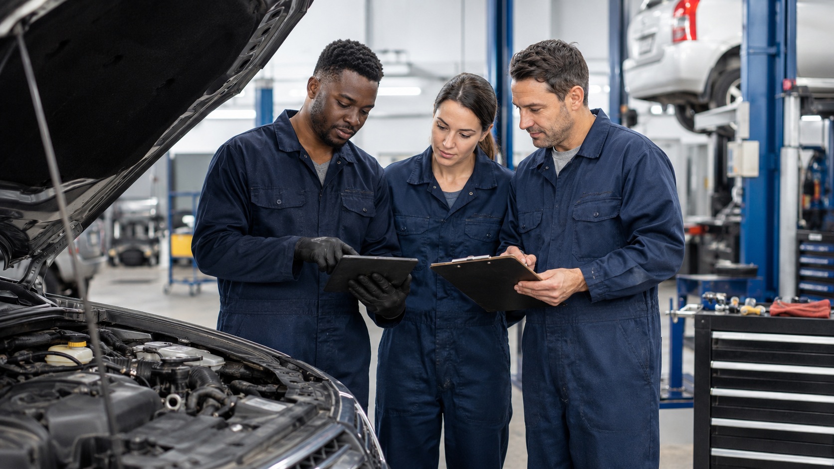 Auto repair team planning preventive maintenance service