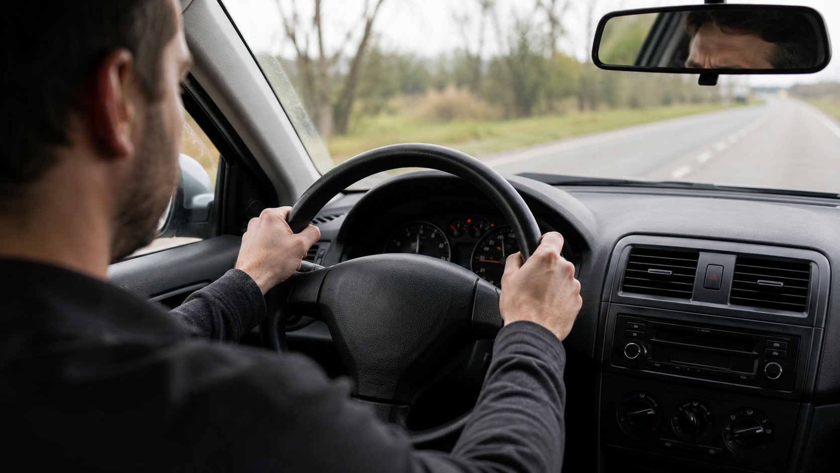 Driver holding a steering wheel while checking vehicle control