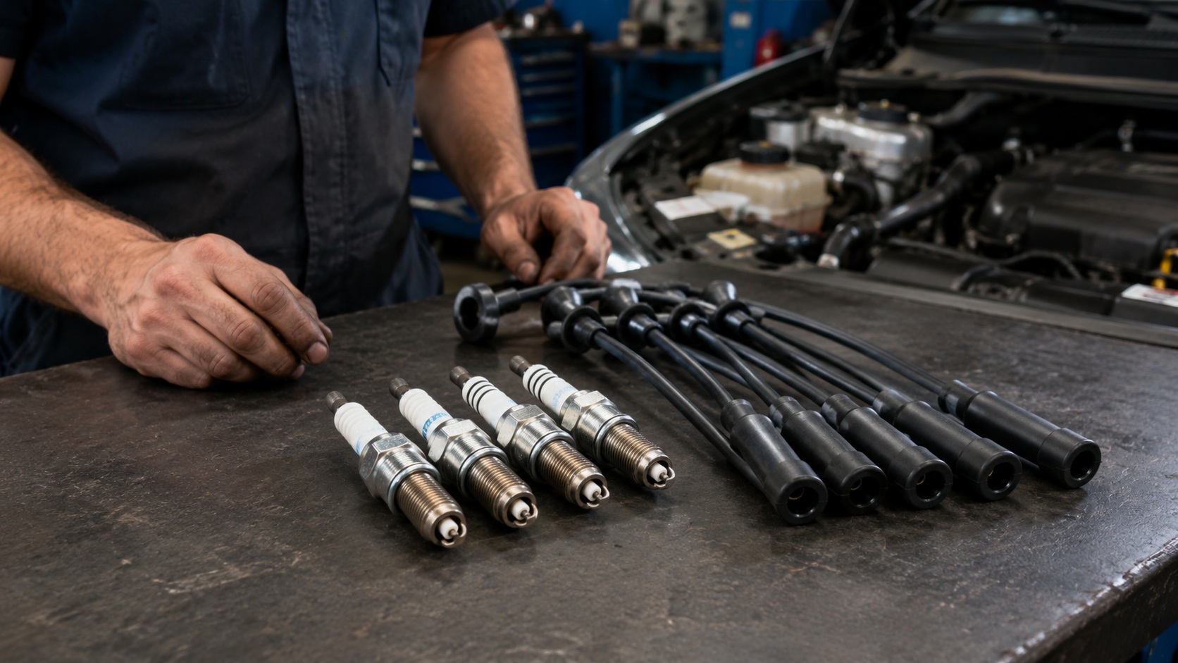 Spark plugs and ignition wires arranged on a workbench