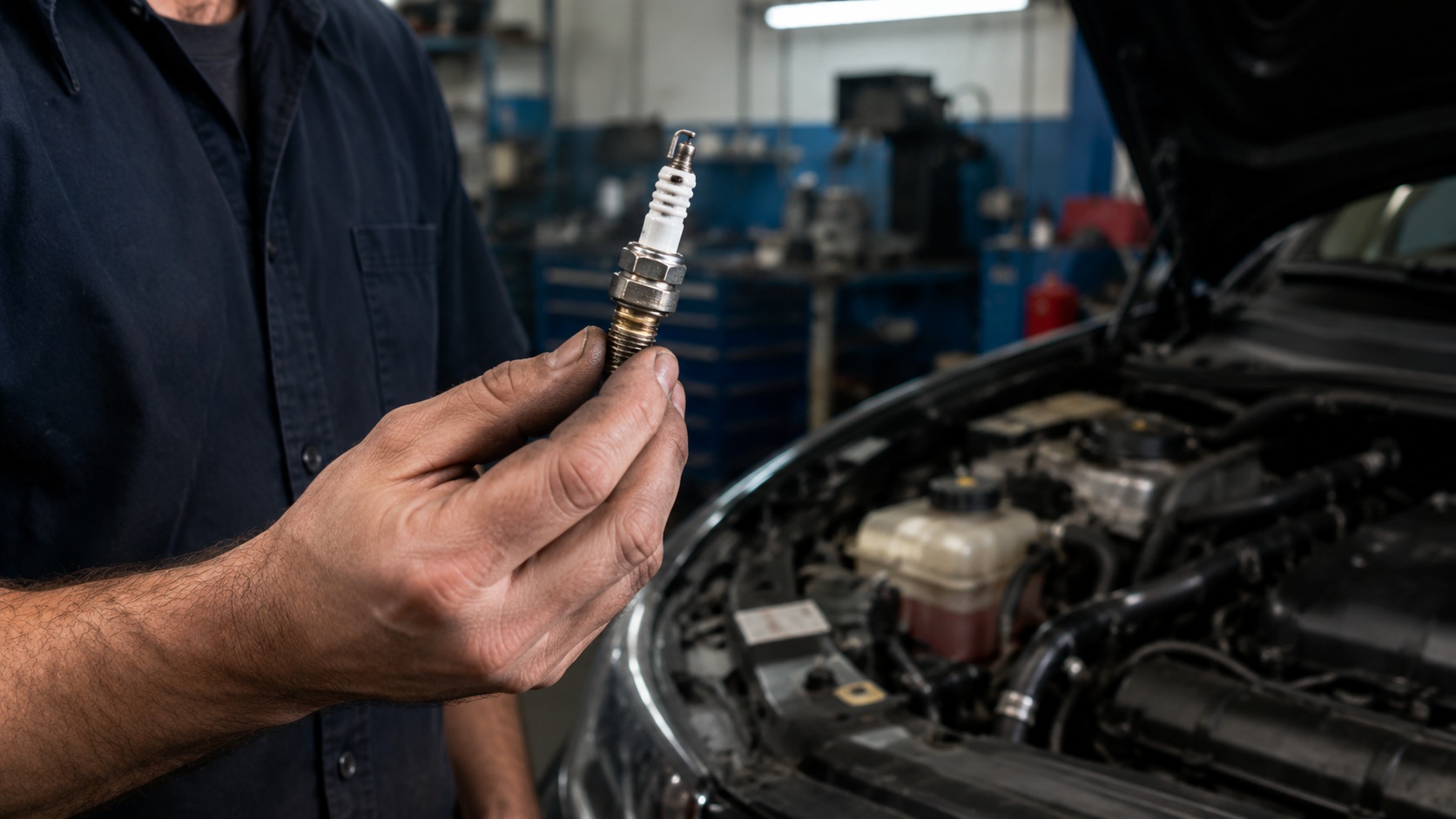 Spark plug held by a technician for inspection